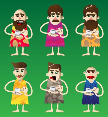 Tarih öncesi çağdan bir çizgi film adamı elinde bir fincan kahve tutuyor. Taş devrinden bir adamın vektör illüstrasyonu.