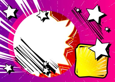 Çizgi film tasarımı renkli arka plan. Konuşma baloncukları ve diğer elementlerle çizgi roman illüstrasyonu. Poster için vektör çizgi romanı. Sosyal medya gönderme şablonu.