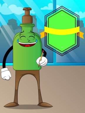 Hijyen için bir şişe el dezenfektanı ve elinde kalem tutan bir yüz..