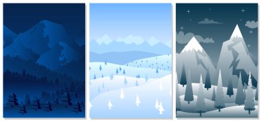 Kış koleksiyonu. Noel dağlarını ve tepeleri çam ağaçlarıyla süsleyin. Karlı dağlar manzara çizimi.