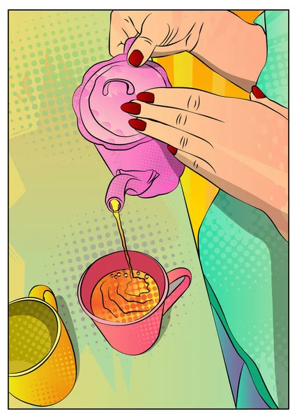 Gros Plan Des Mains Femme Versant Thé Dans Une Tasse — Image vectorielle