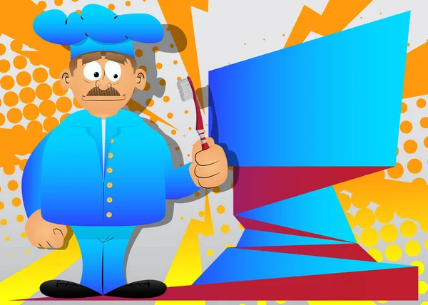 Fat Male Cartoon Chef Uniform Holding Toothbrush Vector Illustration — Stock Vector