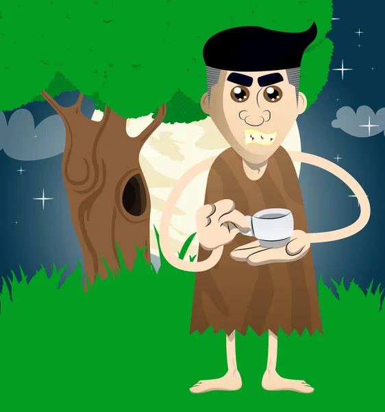 Człowiek Kreskówek Czasów Prehistorycznych Trzymający Filiżankę Kawy Ilustracja Wektora Człowieka — Wektor stockowy