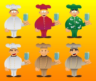 Şişman, çizgi film şefi, üniformalı, elinde bir bardak suyla. Vektör illüstrasyonu.