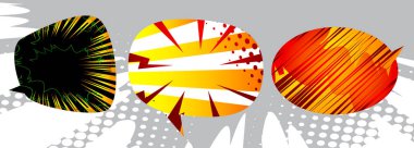 Çizgi roman arkaplanıyla dolu konuşma baloncukları koleksiyonu. Sosyal medya şablonu, satılık simge, mağaza, indirim ve diğer reklamlar.