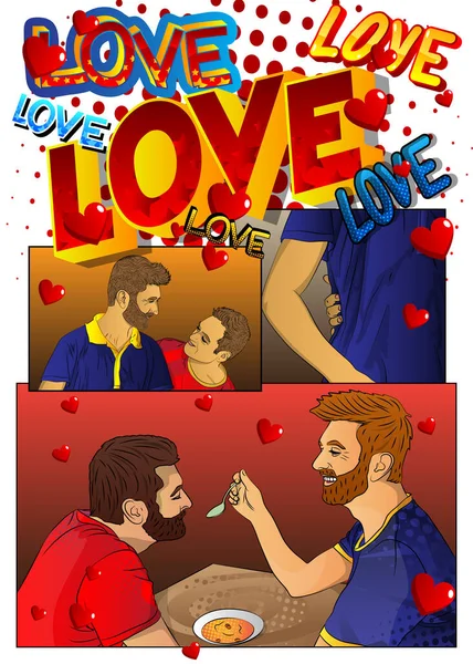 Lgbtqの愛を描いたコンセプト漫画の本のページ ゲイのカップルは家で自由な時間を過ごす 漫画スタイルベクトルイラストの同じセックス愛好家 — ストックベクタ