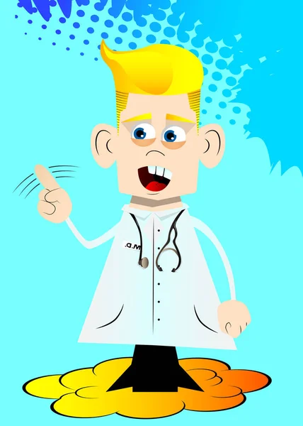 Drôle Médecin Dessin Animé Disant Non Avec Son Doigt Illustration — Image vectorielle