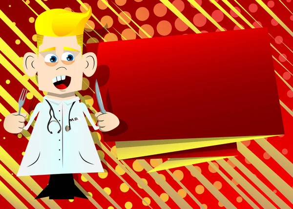 Funny Cartoon Doctor Holding Knife Fork Vector Illustration — Stock Vector