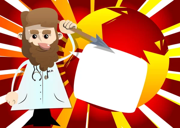 滑稽的卡通医生手里拿着长矛 矢量图解 保健工作者作为一名战士 — 图库矢量图片