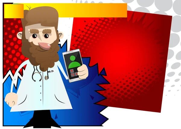 Grappige Tekenfilmdokter Met Een Mobieltje Zijn Hand Vectorillustratie — Stockvector