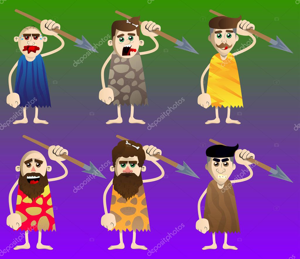 Hombre de las cavernas de dibujos animados sosteniendo lanza en su mano ...