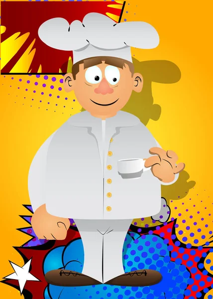 Gros Chef Dessin Animé Masculin Uniforme Buvant Café Illustration Vectorielle — Image vectorielle