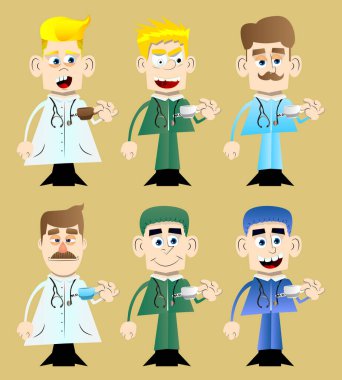 Kahve içen komik karikatür doktoru. Vektör illüstrasyonu.
