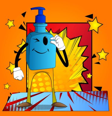 Çizgi film el dezenfektanı jeli, hijyen için. El hareketleriyle küçük bir miktar..