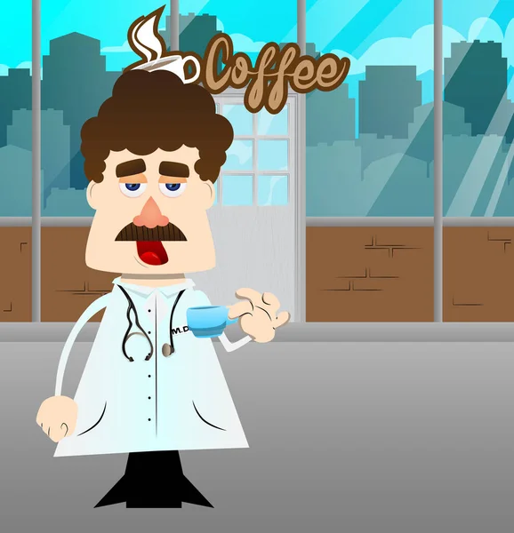 Divertido Médico Dibujos Animados Bebiendo Café Ilustración Vectorial — Vector de stock