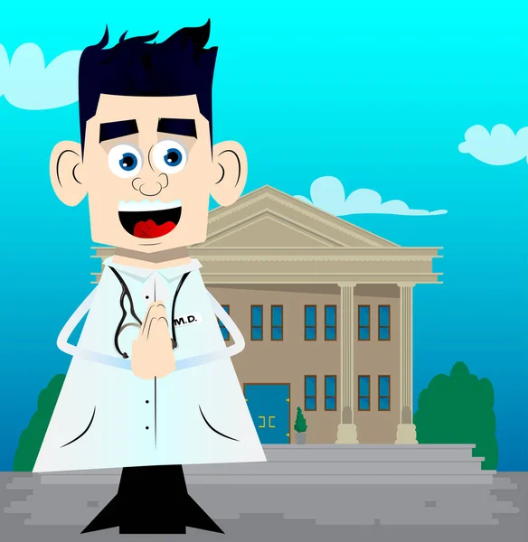 Zabawny Kreskówkowy Lekarz Modlącymi Się Rękami Pracownik Służby Zdrowia Poświęcający — Wektor stockowy