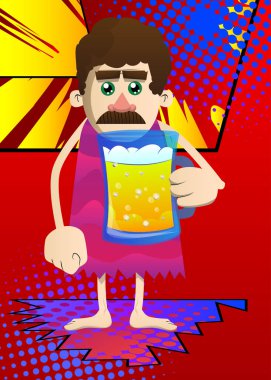 Çizgi film tarih öncesi adam bira içiyor. Taş devrinden bir adamın vektör illüstrasyonu.