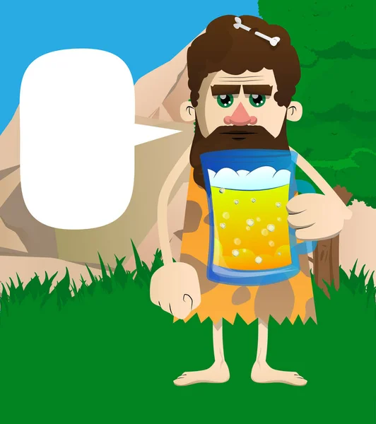 Prehistoryczny Człowiek Kreskówek Pijący Piwo Ilustracja Wektora Człowieka Epoki Kamienia — Wektor stockowy