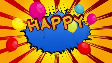 Doğum günün kutlu olsun çizgi roman kelimesi. Retro Çizgi Film Açılış Tarzı İfadeleri. Renkli karikatür balonları ve balonlar. Karalama arkaplanındaki canlandırma.