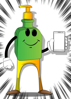 Hijyen için çizgi film el dezenfektanı jeli. Yüzünde beyaz ekranlı akıllı telefon var..