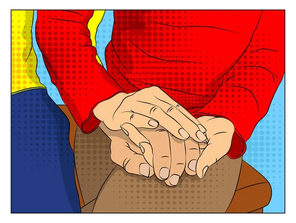 一个女人紧紧抓住一个男人的手 人们牵着手 流露出坦诚的感情 如爱情 同情或说 对不起 漫画书风格 卡通人物插图 — 图库矢量图片