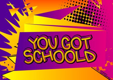 Çizgi roman tarzı metnin var. Okul, eğitimle ilgili havalı kelimeler, renkli arka plan alıntısı. Poster, afiş, şablon. Çizgi film vektör illüstrasyonu.