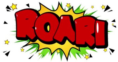4k animasyon Roar! Renkli bir geçmişi olan çizgi roman sözcüğü görüntüleri. Web sitesi için simge, tebrik kartları, sosyal medya gönderileri, uygulamalar ve hareket posterleri. Çizgi roman stili çizgi film.