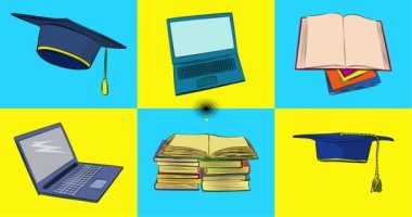 Online Education çizgi roman stili metin, mezuniyet şapkası, kitaplar ve dizüstü bilgisayarlı 4k animasyon. Mezuniyet, uzaktan öğrenmeyle ilgili görüntüler. Tebrik kartları, sosyal medya iletileri ve hareket afişleri.