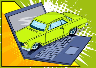 Araba kiralama, online satış, alım, araba paylaşım konsepti. Çizgi roman tarzı vektör çizimi. İnternetteki araba emlakçısı reklamı..