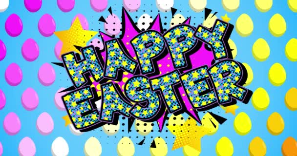 Animated Cartoon Happy Easter Comic Book Style Text Colored Eggs — Stock Video