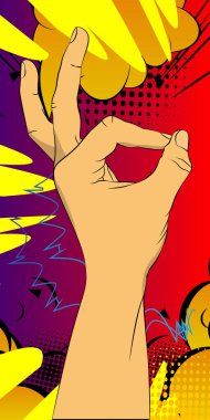 Çizgi roman el işi tamam, mükemmel bir işaret. Vektör illüstrasyon renkli çizgi roman arka planı. Pozitif parmak simgeleri.