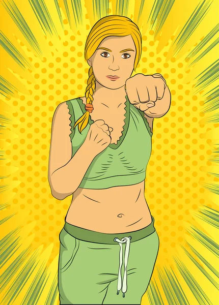 Fighter Woman Fist Close Vector Comic Book Illustration Girl Sportswear — Stock Vector