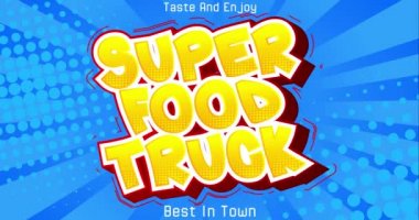 Çizgi roman arka planında 4K animasyon Super Food Truck metni. Sokak yemeklerinin iş motivasyonunu göstermek için çizgi film sanatı. Retro pop sanat çizgi roman tarzı sosyal medya postası, davet veya hareket posteri.
