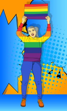 LGBTQ + renkli pankart taşıyan kıdemli kadın. Eşcinsel insan çeşitliliği kutluyor. Vektör çizgi roman tarzı illüstrasyon.