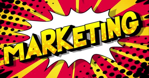 MARKETING - Animated Tag Word with changing comic book letters on colorful background, Cartoon video clip. High quality 4k footage. — Stock Video