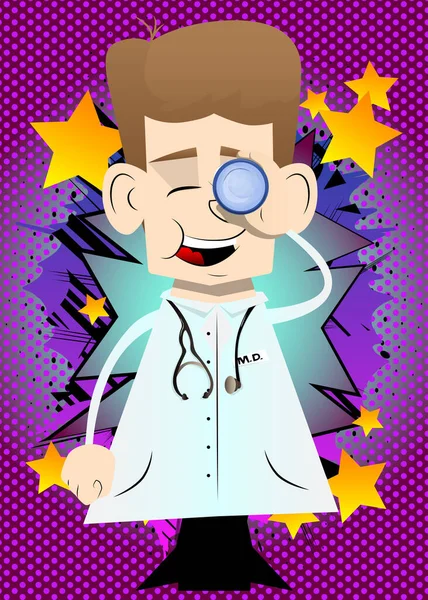 Funny Cartoon Doctor Holding Binoculars His Hand Vector Illustration Health — Stock Vector