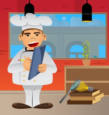 Üniformalı şişman erkek karikatür şefi kitap kapağına yazı yazıyor. Vektör çizimi. Not defteriyle yemek pişir, not al..