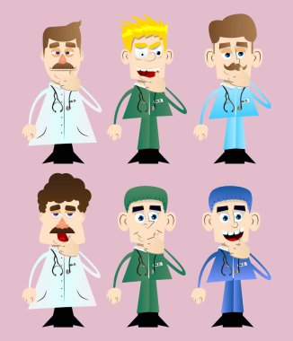 Elleri ağzının altındayken düşünen komik bir karikatür doktoru. Vektör çizimi. Karışık sağlık çalışanı.