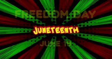 4k animasyon Juneteenth çizgi film metni. Renkli çizgi roman konuşma balonu geçmişinde Özgürlük ya da Özgürlük Günü 'nü kutluyoruz. Afro-Amerikan tarihi ve mirası. Yıllık Amerikan bayramı, 19 Haziran 'da kutlandı.