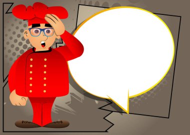 Üniformalı şişman erkek karikatür şefi el ele tutuşuyor. Vektör çizimi. Çözümler üzerinde düşünmekte zorlanan aşçılar.