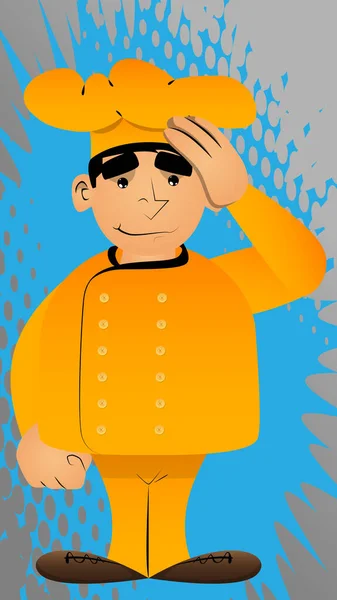 Chef Desenhos Animados Masculino Gordo Uniforme Colocando Mão Cabeça Ilustração —  Vetores de Stock