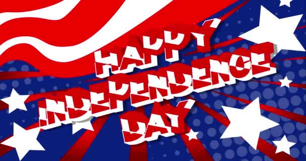 4Kアニメハッピー独立記念日漫画テキスト 色やパターンの変化とアメリカの自由関連の挨拶を祝う 抽象的な漫画の本アメリカの旗の背景 — ストック動画