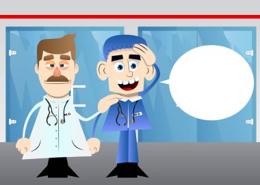 Komik karikatür doktoru diğerini rahatlatıyor. Vektör çizimi. Sağlık görevlisi ortağını teselli ediyor..