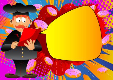 Üniformalı şişman erkek çizgi film şefi kırmızı kitap okuyor. Vektör çizimi. Elinde dergi, günlük, broşür tutan aşçı..