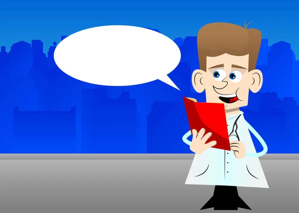Kırmızı Kitap Okuyan Komik Çizgi Film Doktoru Vektör Çizimi Sağlık — Stok Vektör