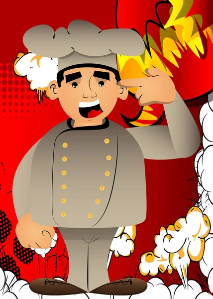 Fat Male Cartoon Chef Uniform Puting Imaginary Gun His Head — Stock vektor