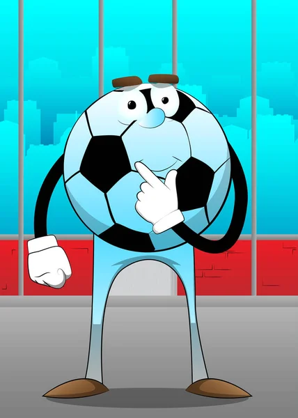 Soccer Ball Holding Finger Front His Mouth Traditional Football Ball — 图库矢量图片