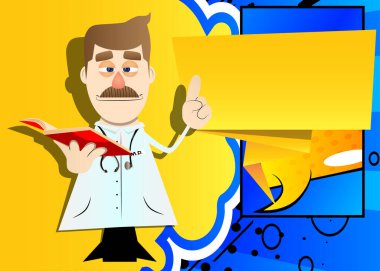 Komik çizgi film doktoru kırmızı kitap okuyor ve bir noktaya parmak basıyor. Vektör çizimi. Sağlık çalışanı öğretiyor.