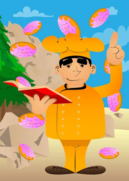 Fat Male Cartoon Chef Uniform Reading Red Book Making Point — Stockový vektor