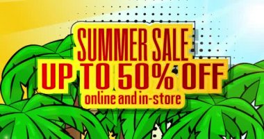 Comic Letting Summer Sale,% 50 indirimli, internetten ve mağazadan. Çizgi roman, güneş ışığı ve palmiye ağaçlarıyla dolu egzotik arka plan üzerine 4k animasyon metni. Reklam pankartı.